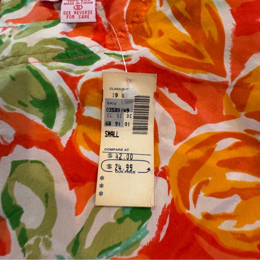 Jack Mulqueen silk floral top orange green short sleeve button front small - Picture 4 of 8